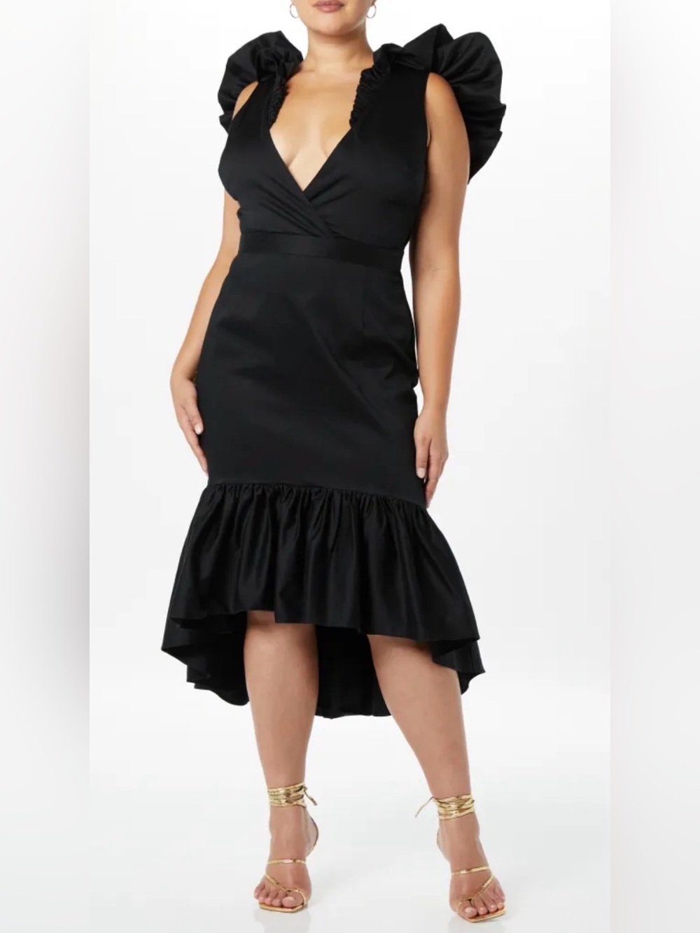 Making the Cut Black Ruffle Hem Tiered High Low V-Neck Dress XL